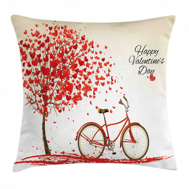 Cream Vermilion Ambesonne Valentines Day Throw Pillow Cushion Cover Romantic Tree with Blooming Hearts with Bike and Petals Vintage Artwork Decorative Rectangle Accent Pillow Case 26 X 16 